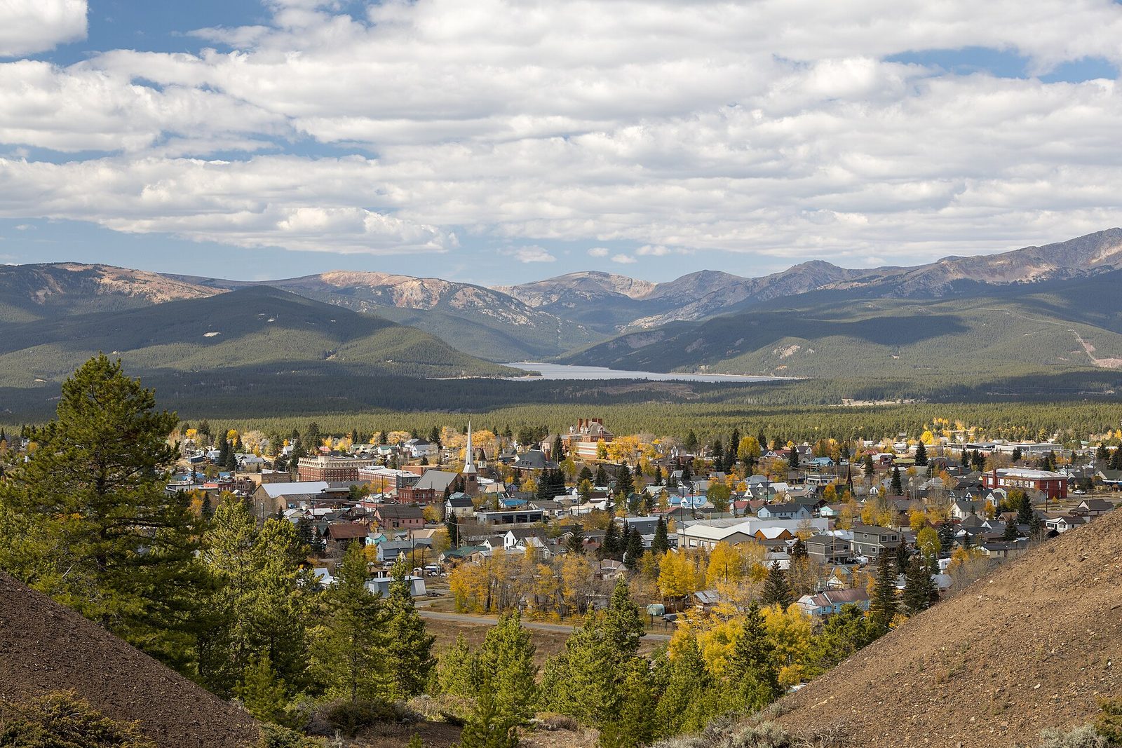 Leadville and Turquoise Lake in fall color with the Sawatch Range beyond